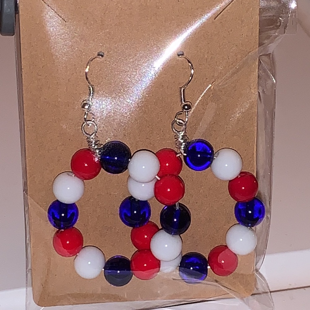Patriotic Red, White, and Blue Beaded Hoop Earrings